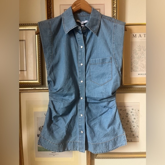 Derek Lam 10 Crosby Ivy Sleeveless Ruched Button Down Shirt Light Wash Denim 0 - Picture 5 of 10